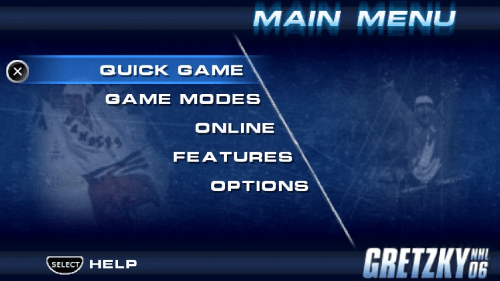 Gretzky NHL 06 main menu screen for Playstation Portable (PSP) sports video game
