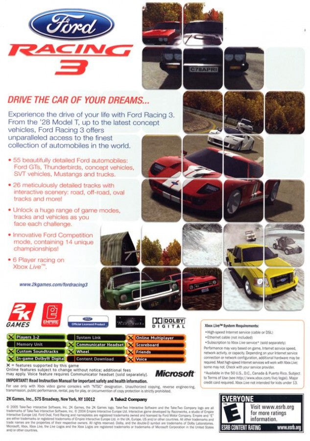 Back Cover Art for Ford Racing 3 on Xbox Original showing various cars and branding elements.