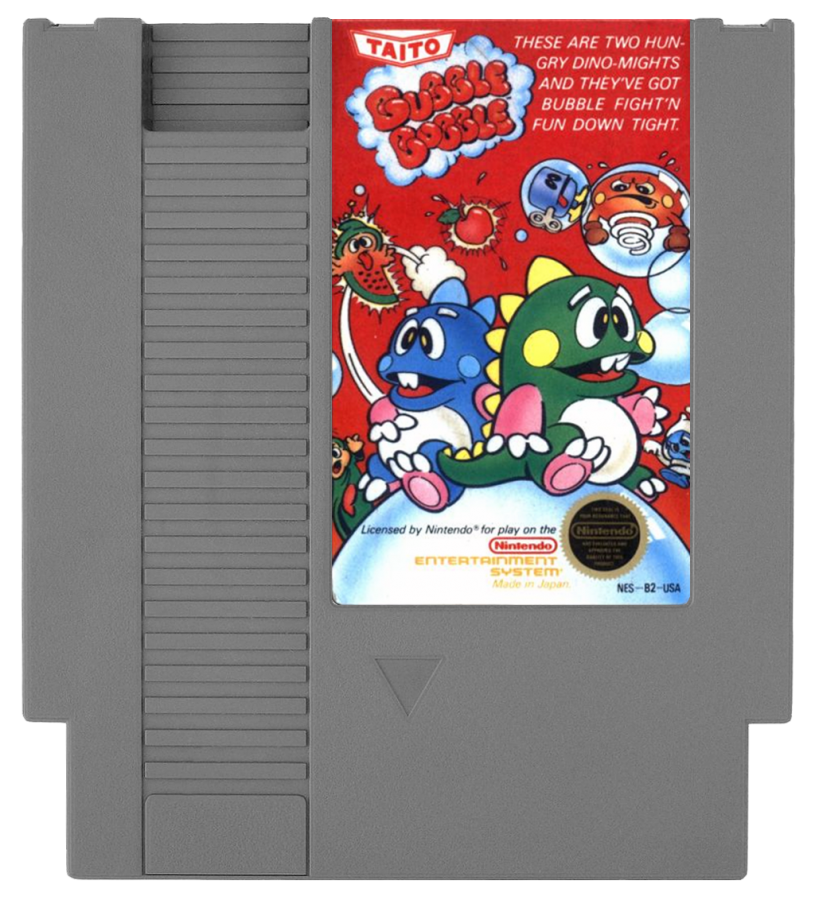 Bubble Bobble Nintendo Entertainment System NES for retro video game enthusiasts featuring classic arcade platforming gameplay bubble trapping mechanics cooperative multiplayer action colorful fantasy stages charming dinosaur characters enemy filled levels and collectible gaming appeal cartridge
