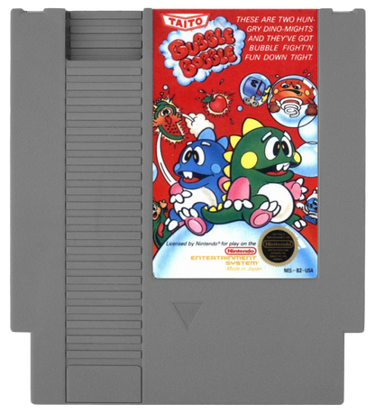 Bubble Bobble Nintendo Entertainment System NES for retro video game enthusiasts featuring classic arcade platforming gameplay bubble trapping mechanics cooperative multiplayer action colorful fantasy stages charming dinosaur characters enemy filled levels and collectible gaming appeal cartridge