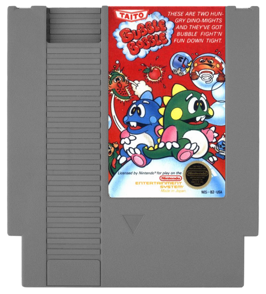 Bubble Bobble Nintendo Entertainment System NES for retro video game enthusiasts featuring classic arcade platforming gameplay bubble trapping mechanics cooperative multiplayer action colorful fantasy stages charming dinosaur characters enemy filled levels and collectible gaming appeal cartridge