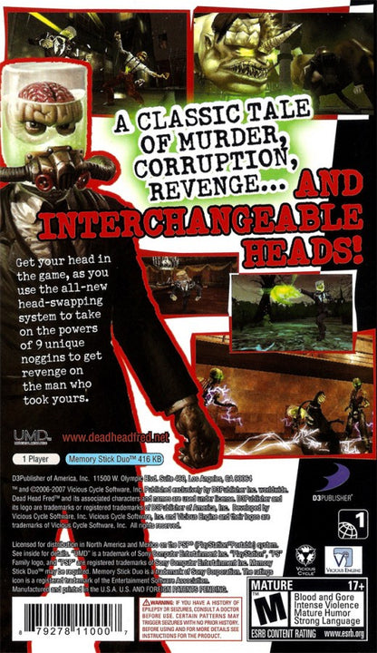 Dead Head Fred – PlayStation Portable (PSP) back of case for action-adventure puzzle video game