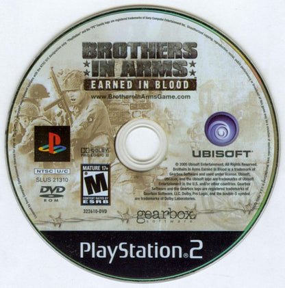 Brothers in Arms: Earned in Blood dsic cover art for PlayStation 2 (PS2) first-person shooter video game.