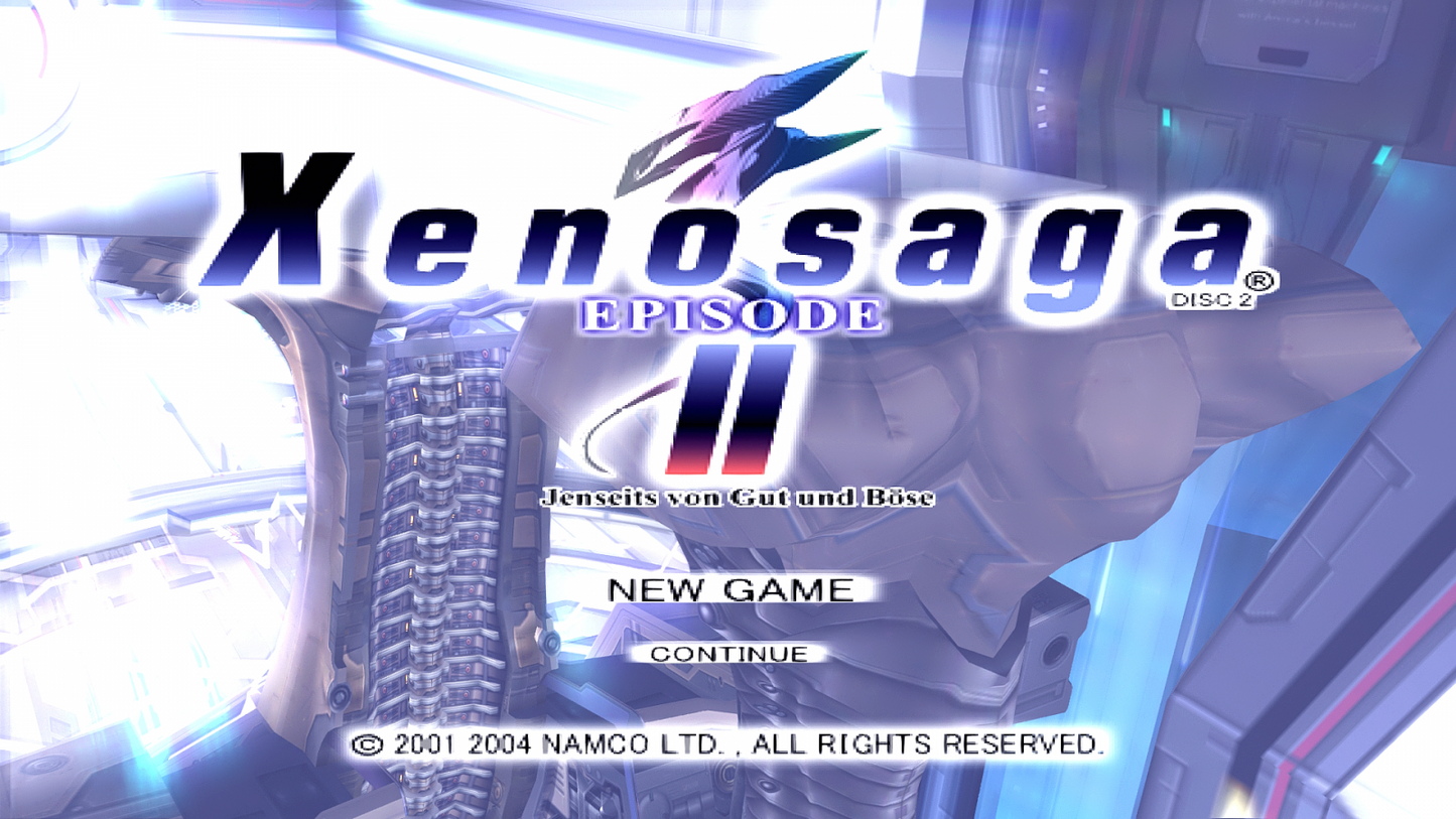 Xenosaga Episode II – PlayStation 2 (PS2) video game title screen, JRPG.