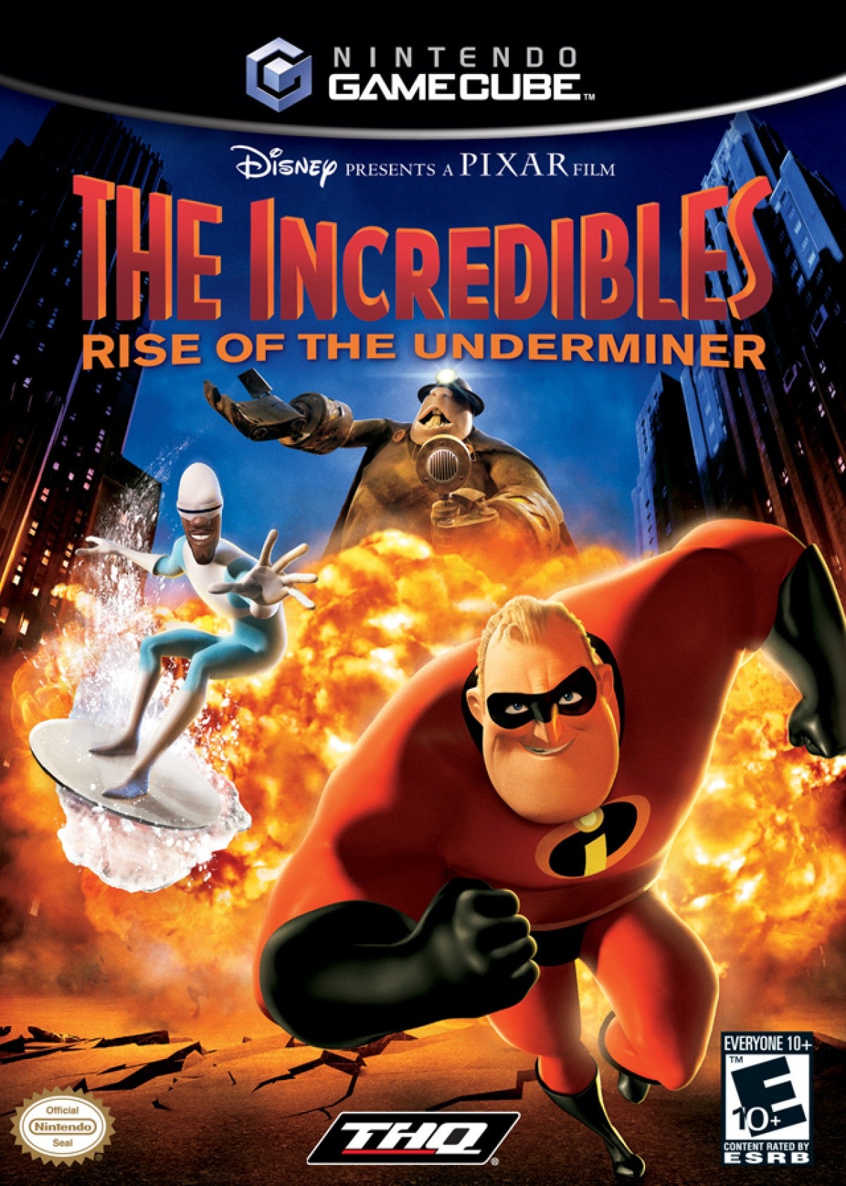 Cover art for The Incredibles Rise of the Underminer GameCube GC video game, action adventure, Pixar movie tie-in, co-op gameplay, family-friendly, Nintendo GameCube title