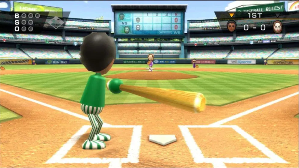 Wii Sports gameplay for Nintendo Wii (Wii) featuring motion‑controlled gameplay with tennis, bowling, baseball, golf, and boxing in a fun, family‑friendly sports collection.