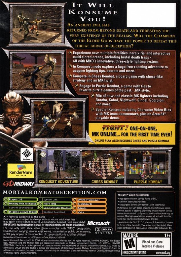 Mortal Kombat: Deception [Kollector's Edition: Raiden][No bonus disc] back cover art for Xbox (XBOX) video game