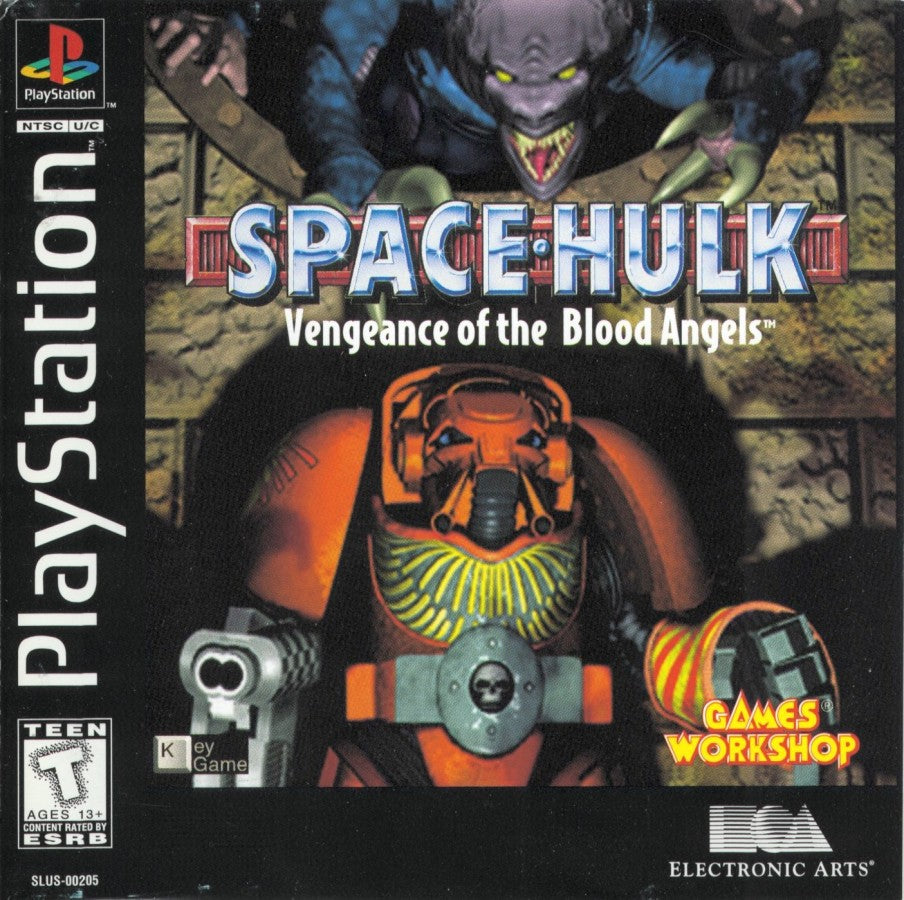 Space Hulk PlayStation PS1 for tactical strategy video game fans featuring Warhammer 40,000 sci fi combat Space Marine squads Genestealer enemies tactical missions resource management first person action dark industrial environments intense battlefield strategy collectible gaming appeal front cover art
