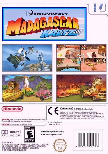 Madagascar Kartz for Nintendo Wii back cover art featuring DreamWorks characters in a family‑friendly arcade racing game.