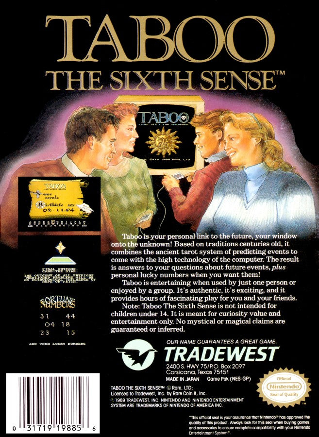 Taboo The Sixth Sense Nintendo Entertainment System NES video game featuring fortune telling gameplay tarot card readings mystical themes horoscope insights zodiac signs spiritual exploration and classic 8 bit presentation retro video game collection collectible gaming appeal back cover art