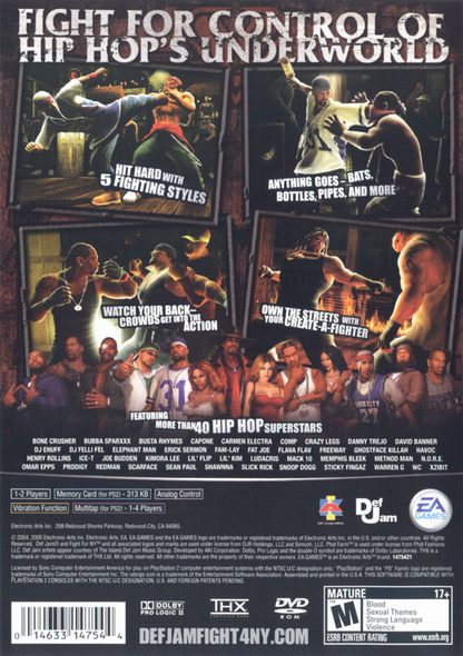 Def Jam: Fight for NY Greatest Hits edition for PlayStation 2 hip hop fighting game featuring rap artists street brawling wrestling martial arts moves story mode multiplayer battles back cover