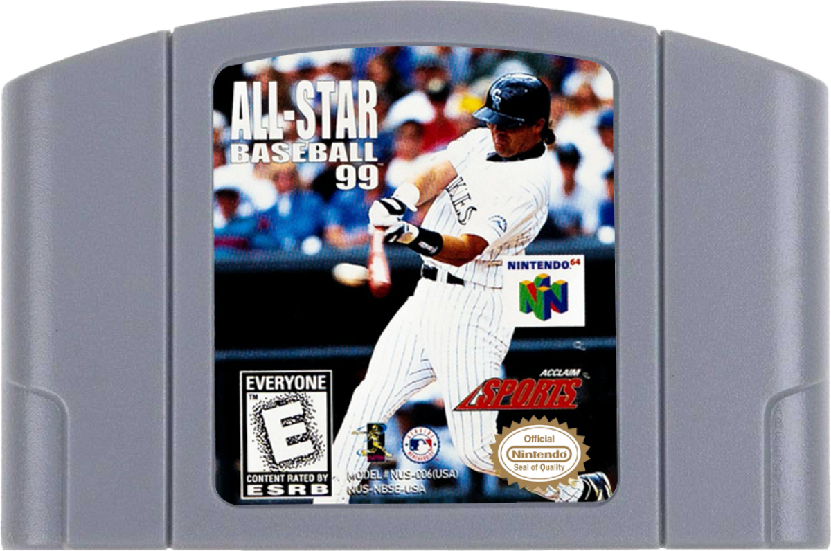 All-Star Baseball 99 game for the Nintendo 64 featuring baseball simulation gameplay with realistic MLB teams season modes batting and pitching mechanics and fielding controls in a complete in box retail release format cartrridge
