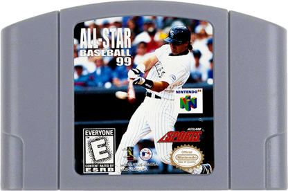 All-Star Baseball 99 game for the Nintendo 64 featuring baseball simulation gameplay with realistic MLB teams season modes batting and pitching mechanics and fielding controls in a complete in box retail release format cartrridge