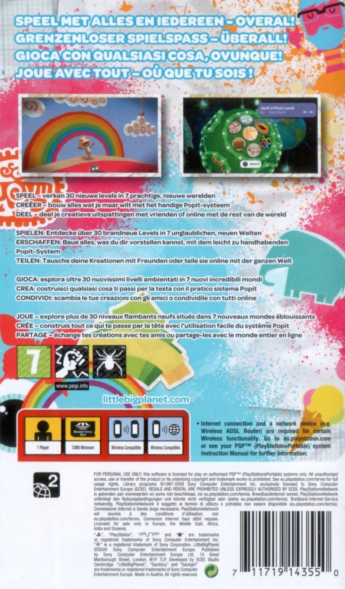 Little Big Planet PAL Import PlayStation Portable PSP back of case for retro video game enthusiasts featuring creative platforming gameplay user generated style level design physics based puzzle solving sackboy character customization colorful handcrafted world aesthetic and portable handheld imaginative gaming experience and collectible gaming appeal