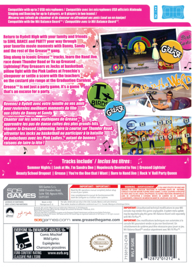 Grease: The Official Video Game – Nintendo Wii (Wii) music rhythm party back of case for video game