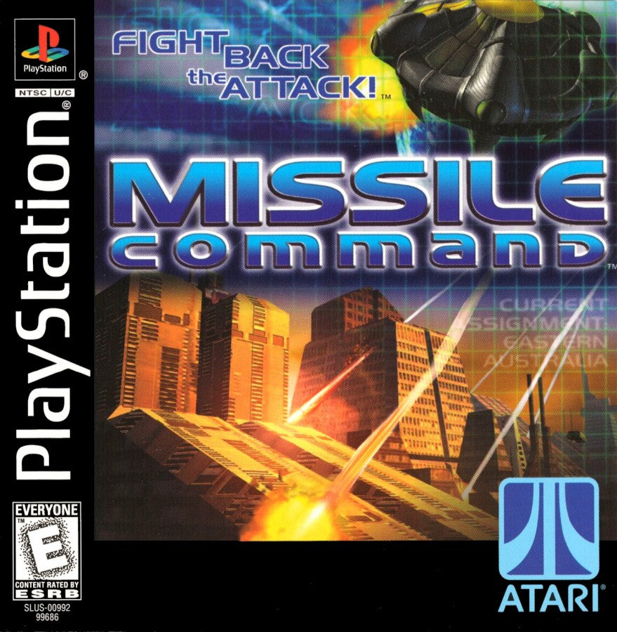 Missile Command PlayStation PS1 for arcade shooter video game fans featuring classic missile defense gameplay fast paced action strategic targeting city protection endless enemy waves retro arcade challenges updated PlayStation experience collectible gaming appeal front cover art