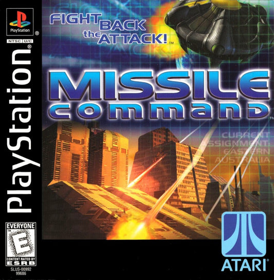 Missile Command PlayStation PS1 for arcade shooter video game fans featuring classic missile defense gameplay fast paced action strategic targeting city protection endless enemy waves retro arcade challenges updated PlayStation experience collectible gaming appeal front cover art