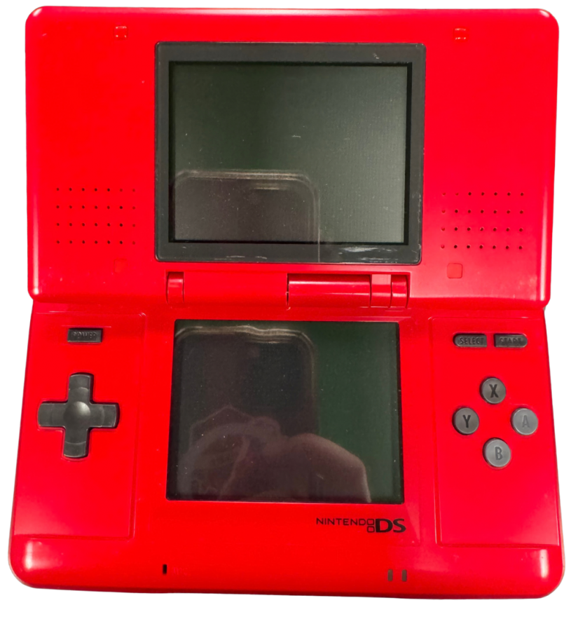 Nintendo DS Mario Kart Red Handheld Console Scratch and Scuff Condition featuring classic Nintendo DS dual screen design red Mario Kart themed exterior portable gaming system touchscreen controls Nintendo handheld gaming hardware collectible console design and retro gaming collection appeal open