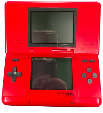 Nintendo DS Mario Kart Red Handheld Console Scratch and Scuff Condition featuring classic Nintendo DS dual screen design red Mario Kart themed exterior portable gaming system touchscreen controls Nintendo handheld gaming hardware collectible console design and retro gaming collection appeal open