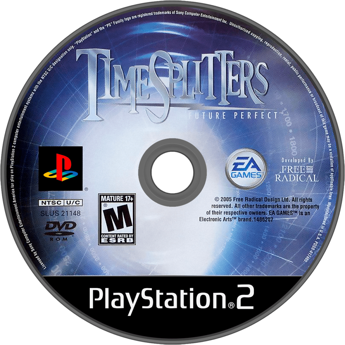 TimeSplitters Future Perfect PlayStation 2 PS2 video game featuring first person shooter gameplay time travel adventure action packed combat enemy battles weapon variety mission based levels multiplayer modes and classic 128 bit PlayStation 2 gameplay retro video game collection collectible gaming appeal disc