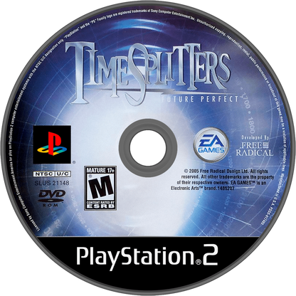 TimeSplitters Future Perfect PlayStation 2 PS2 video game featuring first person shooter gameplay time travel adventure action packed combat enemy battles weapon variety mission based levels multiplayer modes and classic 128 bit PlayStation 2 gameplay retro video game collection collectible gaming appeal disc
