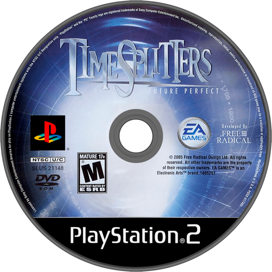 TimeSplitters Future Perfect PlayStation 2 PS2 video game featuring first person shooter gameplay time travel adventure action packed combat enemy battles weapon variety mission based levels multiplayer modes and classic 128 bit PlayStation 2 gameplay retro video game collection collectible gaming appeal disc