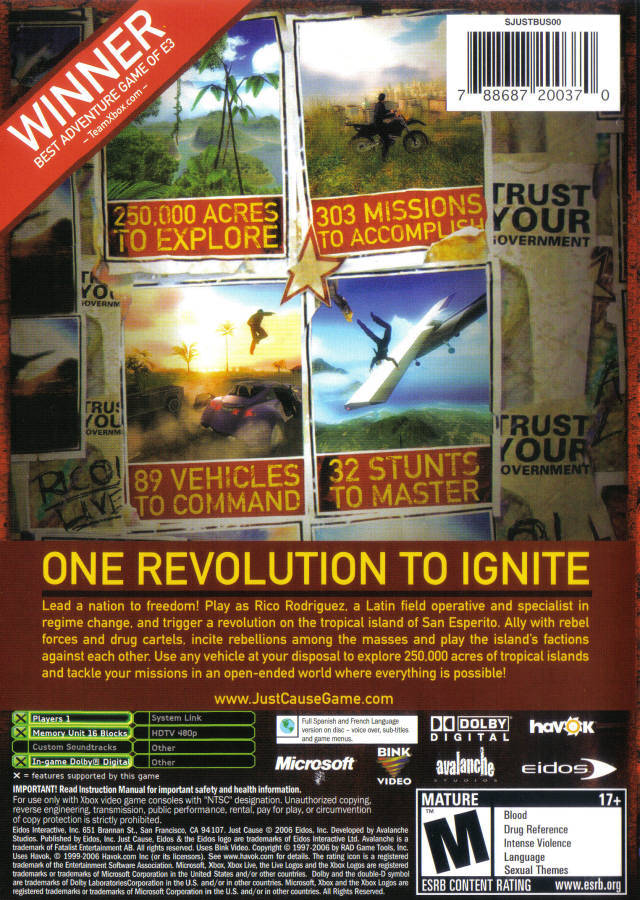 Just Cause for Xbox (Xbox), back of case action adventure shooter