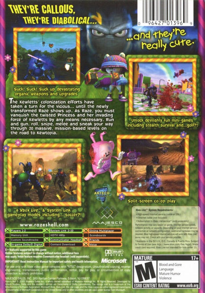 Raze's Hell retro Xbox video game Raze's Hell dark comedy third person shooter fantasy action combat quirky monster world fast paced shooting gameplay console title Xbox release back of case