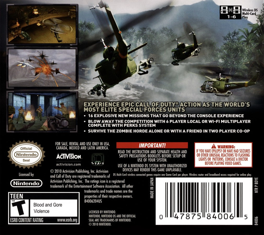 Call of Duty Black Ops for Nintendo DS, back of case for a first-person shooter video game with military combat, mission-based gameplay, stealth elements, and tactical action