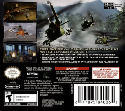 Call of Duty Black Ops for Nintendo DS, back of case for a first-person shooter video game with military combat, mission-based gameplay, stealth elements, and tactical action