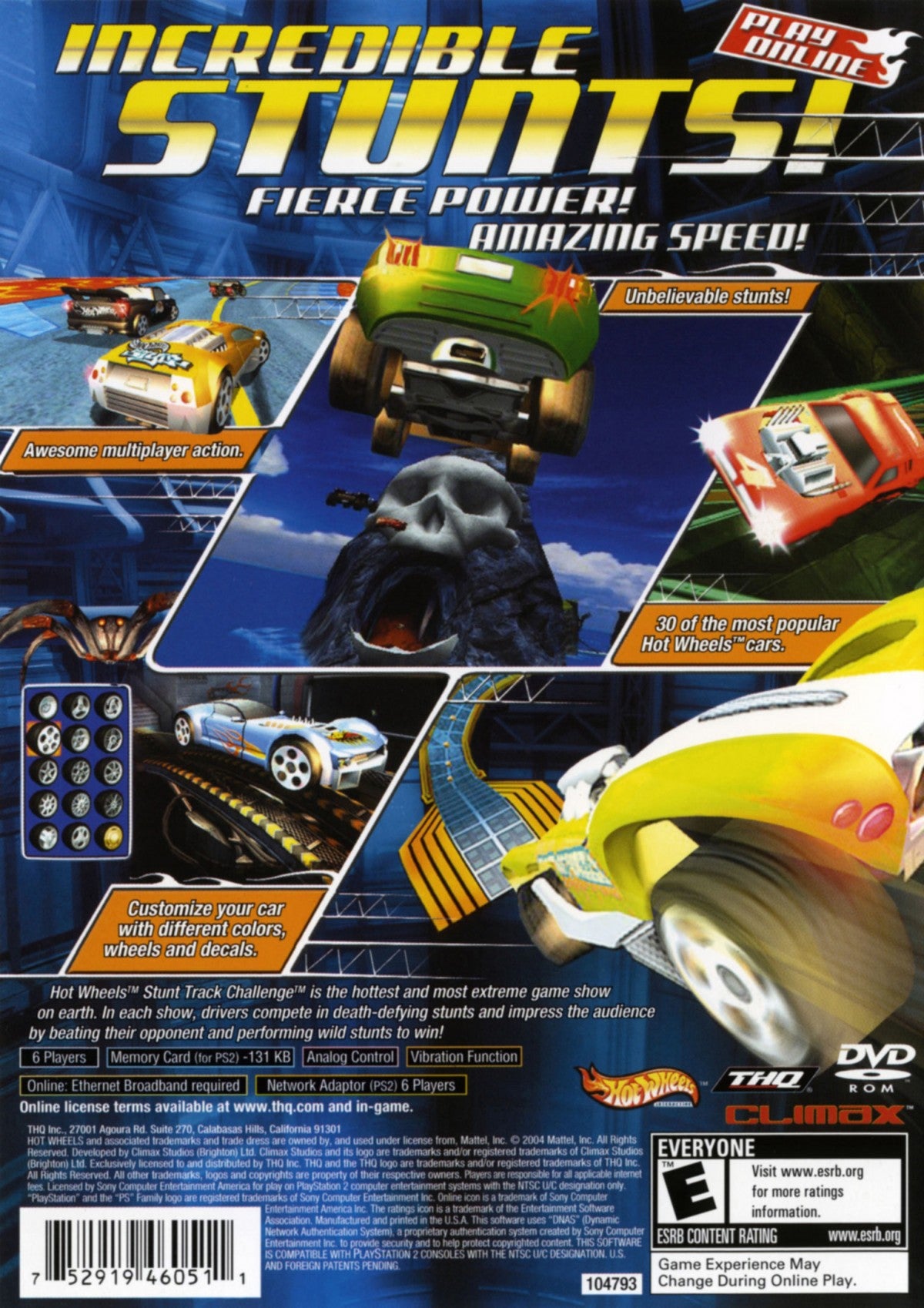 Hot Wheels Stunt Track Challenge PlayStation 2 PS2 for retro video game enthusiasts featuring arcade racing gameplay high speed stunt driving loop and ramp challenges customizable Hot Wheels cars physics based tricks competitive racing modes and collectible gaming appeal back cover art