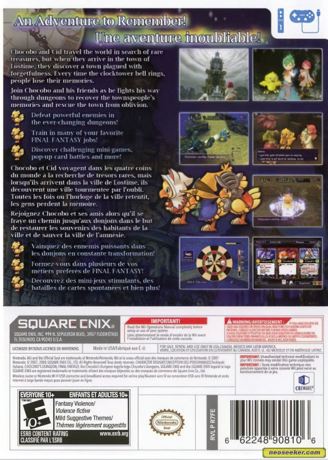 Final Fantasy Fables Chocobo’s Dungeon Nintendo Wii cover art for retro video game enthusiasts featuring fantasy adventure gameplay dungeon crawling exploration turn based combat mechanics magical creatures character progression story driven quests and charming role playing gaming experience and collectible gaming appeal gameplay  back art 