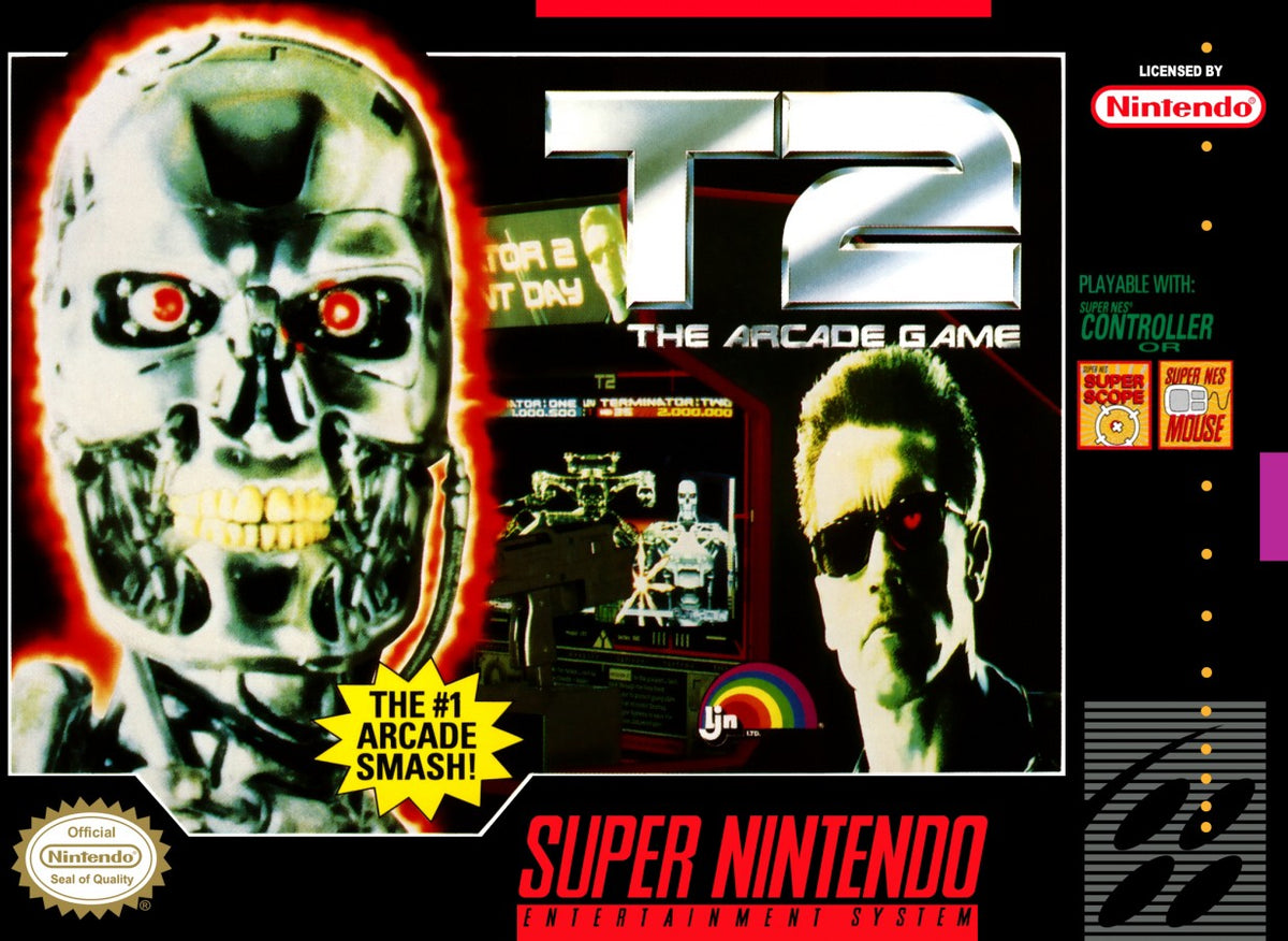 T2 The Arcade Game Super Nintendo Entertainment System SNES video game featuring light gun shooting gameplay Terminator 2 action arcade shooting enemy targets rapid fire combat machine battles challenging stages and classic 16 bit Nintendo arcade gameplay retro video game collection collectible gaming appeal front cover art