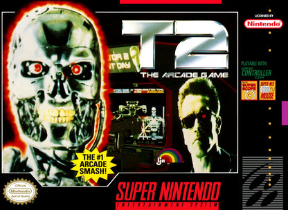 T2 The Arcade Game Super Nintendo Entertainment System SNES video game featuring light gun shooting gameplay Terminator 2 action arcade shooting enemy targets rapid fire combat machine battles challenging stages and classic 16 bit Nintendo arcade gameplay retro video game collection collectible gaming appeal front cover art