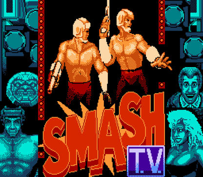 Smash TV cartridge for the Nintendo Entertainment System featuring 8 bit top down twin stick shooter action with intense arcade style gameplay futuristic arenas and hordes of enemies gameplay 