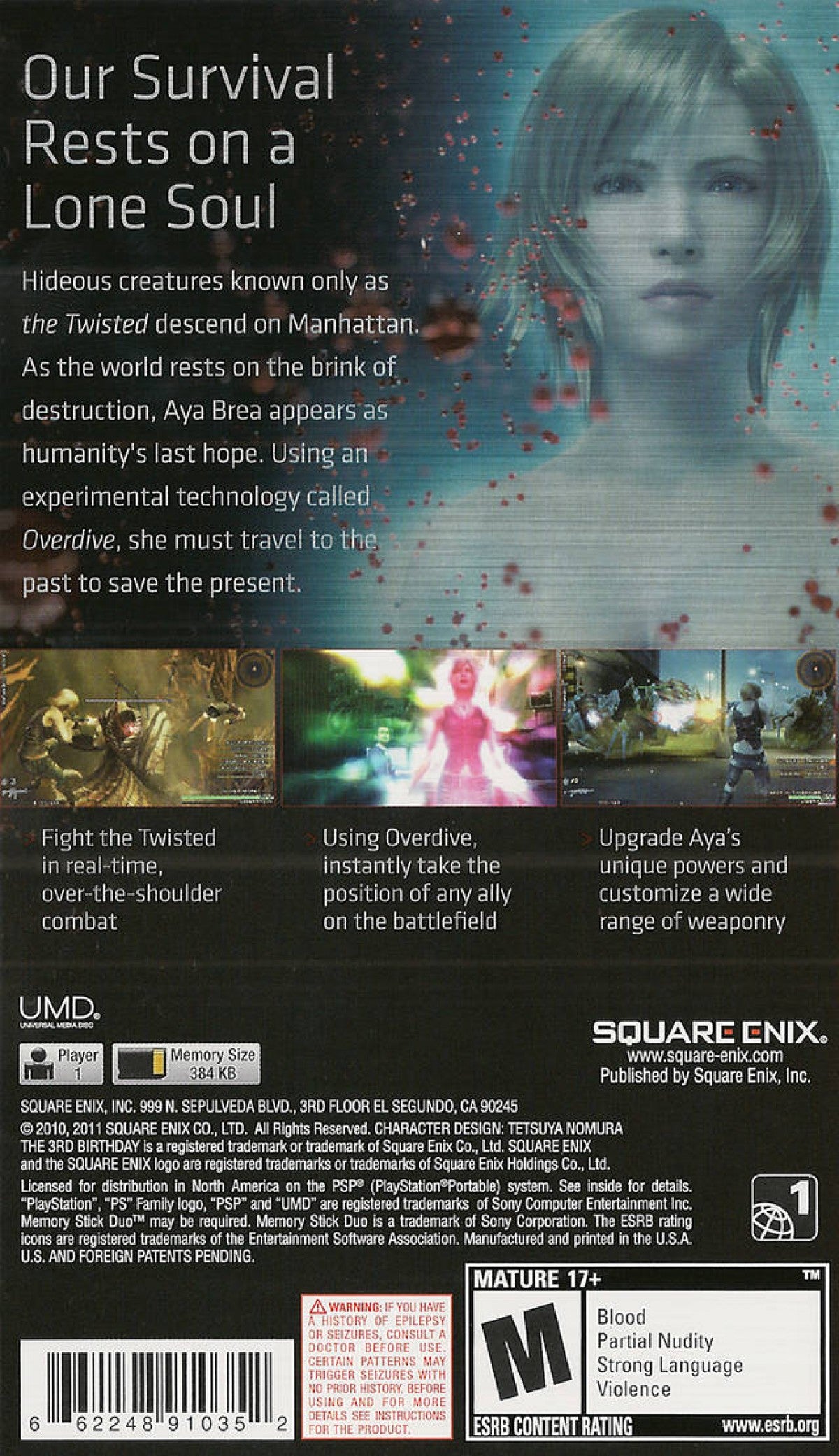 The 3rd Birthday PSP Sony PlayStation Portable action RPG third person shooter Parasite Eve series Aya Brea sci fi horror tactical combat overdrive system Square Enix story driven gameplay handheld gaming PSP software video game title back cover art