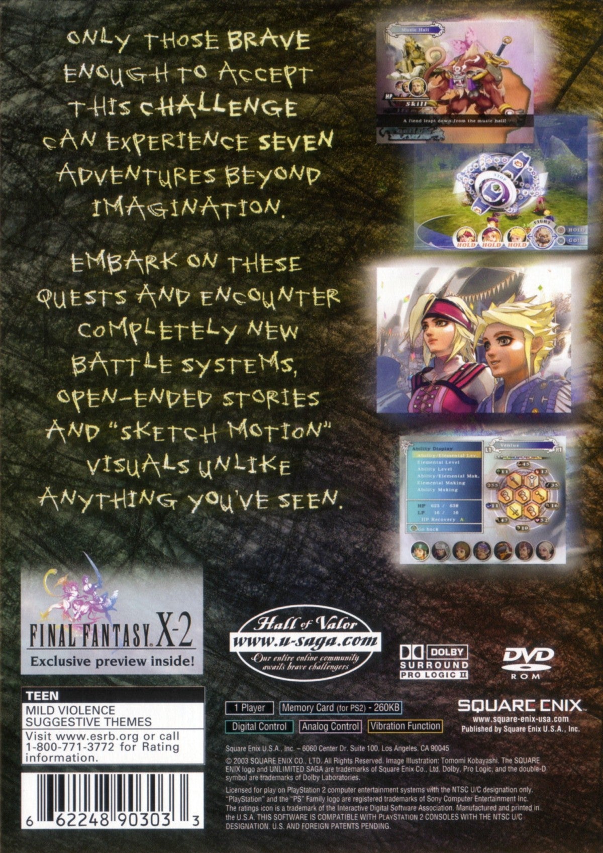 Unlimited Saga PS2 Sony PlayStation 2 JRPG role playing game nonlinear progression SaGa series Square Enix exploration dice based mechanics turn based combat story driven fantasy adventure experimental gameplay PlayStation 2 software video game title back cover art