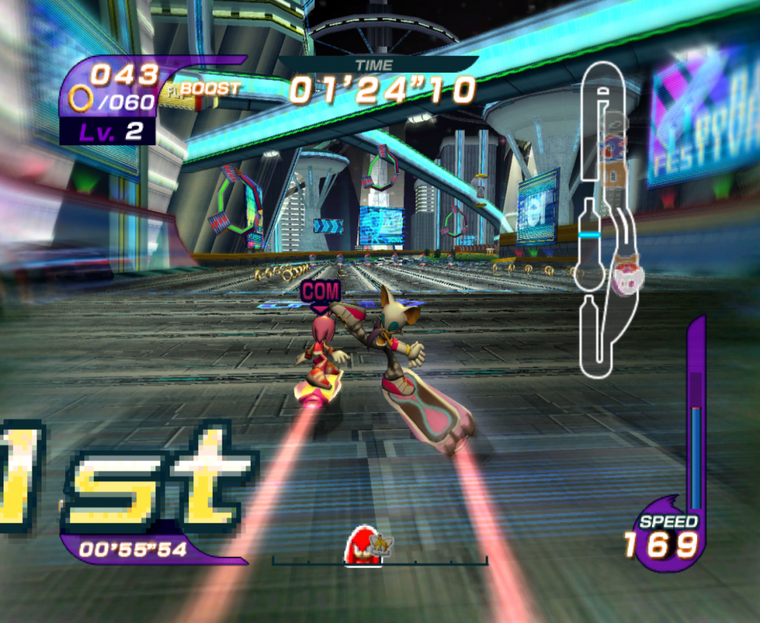 Sonic Riders gameplay for GameCube (GC) game featuring high-speed hoverboard racing and arcade-style competition 