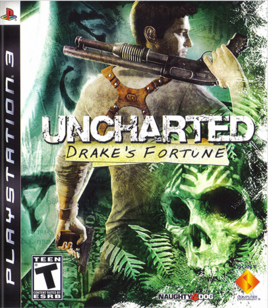 Uncharted: Drake's Fortune for PlayStation 3 (PS3) at Gamers INC, featuring an action-packed cinematic adventure with Nathan Drake as he hunts for the lost treasure of El Dorado in a thrilling blend of exploration and intense gunplay front cover