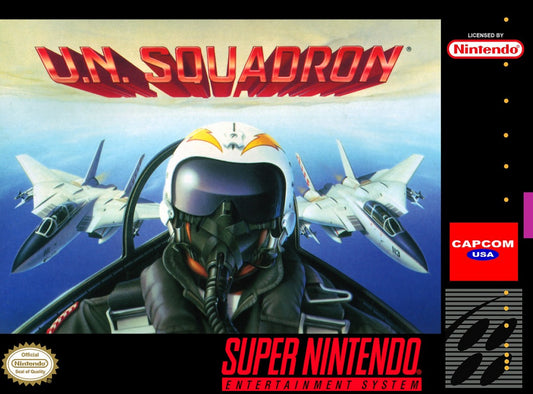 UN Squadron Super Nintendo Entertainment System SNES side-scrolling shoot em up arcade port video game based on Area 88 manga three selectable fighter jets weapons shop money system multiple stages branching paths Capcom classic front box cover