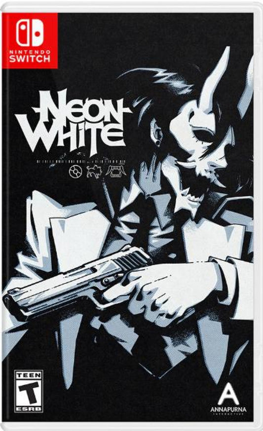 Neon White Nintendo Switch inspired design featuring fast paced first person action platformer aesthetic speedrunning challenges stylish card based abilities heavenly urban environments precision movement competitive gameplay and anime inspired storytelling presentation front cover