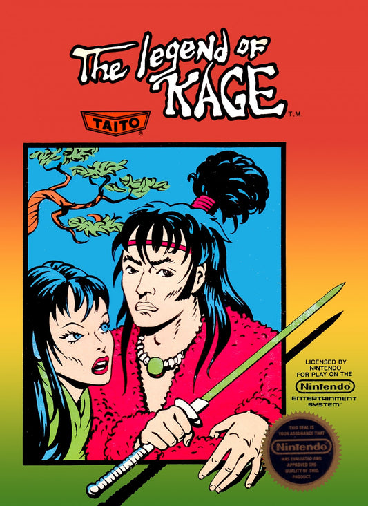The Legend of Kage Complete in Box CIB Nintendo Entertainment System NES for retro video game enthusiasts featuring classic side scrolling action gameplay ninja combat acrobatic platforming rescue missions challenging enemies complete in box collectible gaming appeal front box art