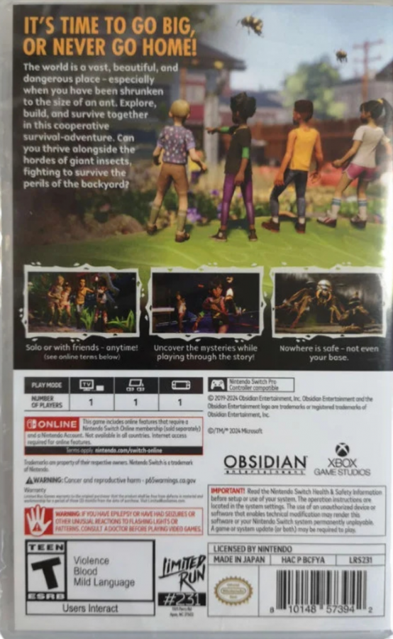 Grounded Fully Yoked Edition Nintendo Switch inspired design featuring cooperative survival adventure aesthetic miniature backyard world exploration crafting and base building dangerous insect encounters resource gathering gameplay vibrant environments and imaginative outdoor survival presentation back cover