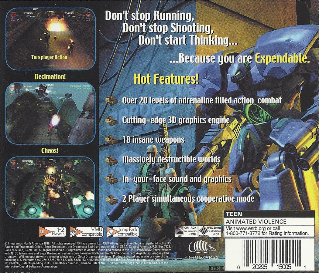 Expendable Sega Dreamcast retro video game run and gun shooter back of case