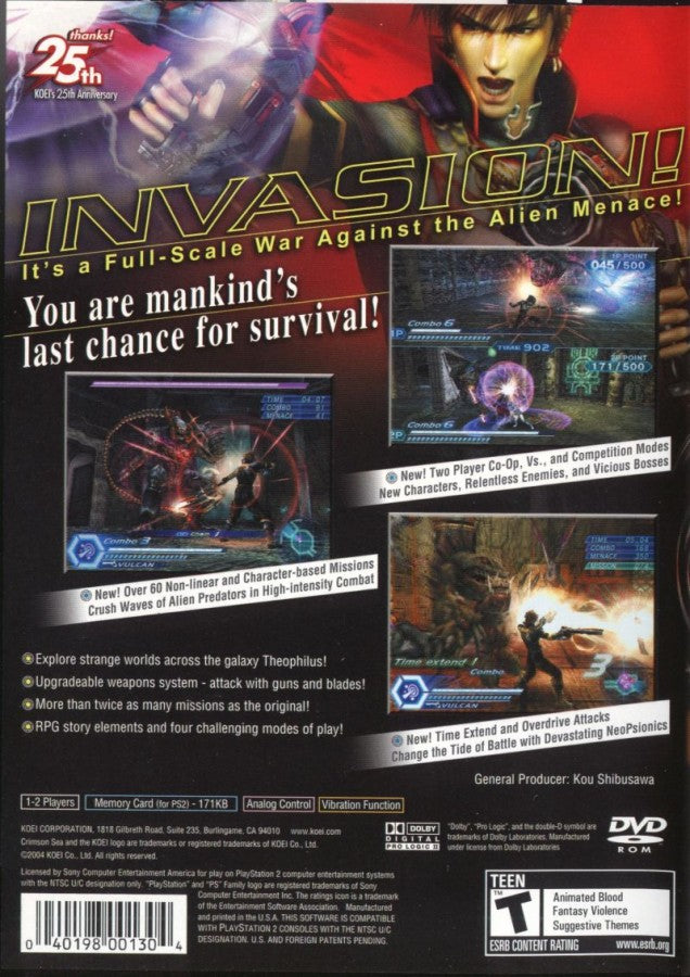 Crimson Sea 2 PlayStation 2 PS2 for action hack and slash video game fans featuring fast paced sci fi combat futuristic weapons large scale enemy battles character abilities anime inspired storytelling mission based gameplay space adventure collectible gaming appeal back cover art