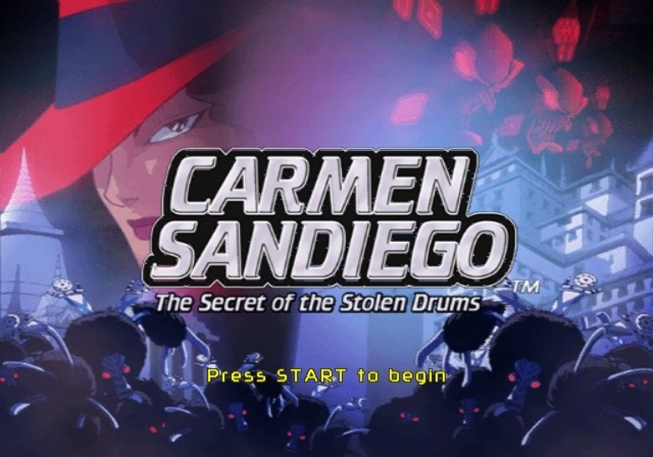 Carmen Sandiego: The Secret of the Stolen Drums start screen for GameCube (GC) educational adventure video game