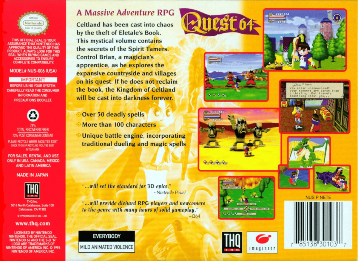 Quest 64 back cover art for Nintendo 64 (N64) video game