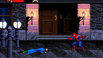 Venom Spider-Man Separation Anxiety for Super Nintendo side scrolling beat em up featuring Spider Man and Venom battling symbiote enemies with co op gameplay and comic inspired action gameplay