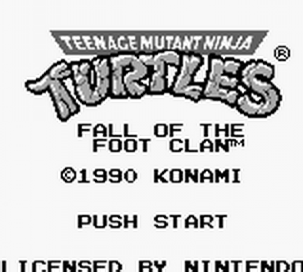 Teenage Mutant Ninja Turtles: Fall of the Foot Clan Game Boy action platformer video game cover art.