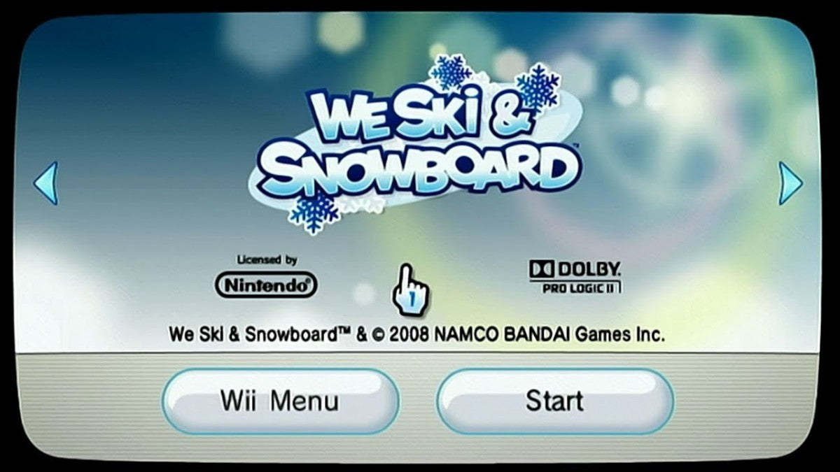 We Ski & Snowboard title screen for Nintendo Wii (Wii) featuring motion‑controlled skiing and snowboarding on expansive mountain slopes, customizable characters, and family‑friendly freestyle and race events.